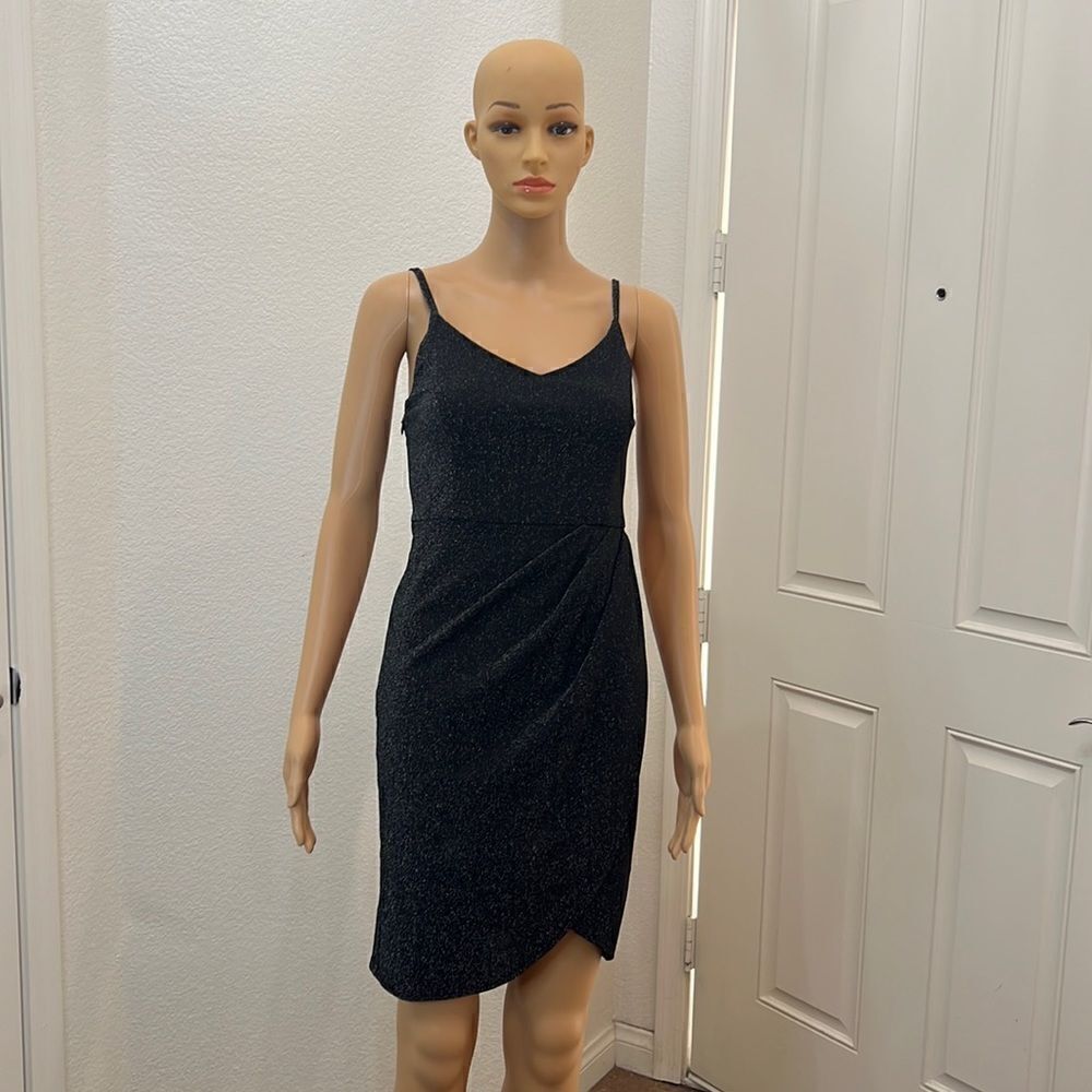 Zalalus Dress Small Metallic Faux Wrap Spaghetti Strap Sleeveless Black Silver